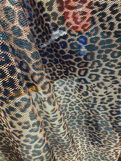 New fishnet exotic leopard design 2-way stretch 58/60” Sold by the YD. Ships worldwide from Los Angeles California USA.