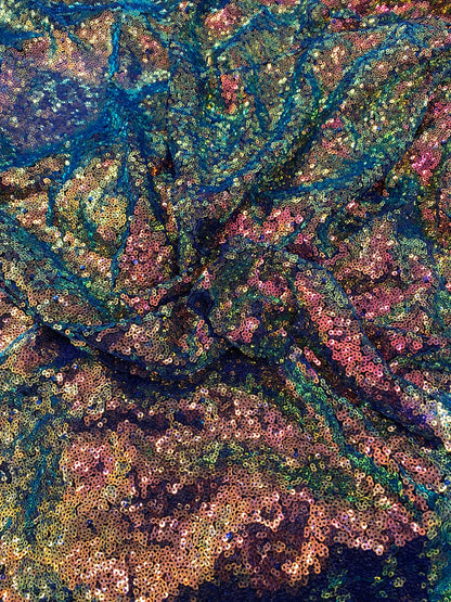 New cosmic iridescent sequins sapphire bronze color on stretch mesh 2-way stretch 58/60” Sold by the YD. Ships worldwide from Los Angeles CA