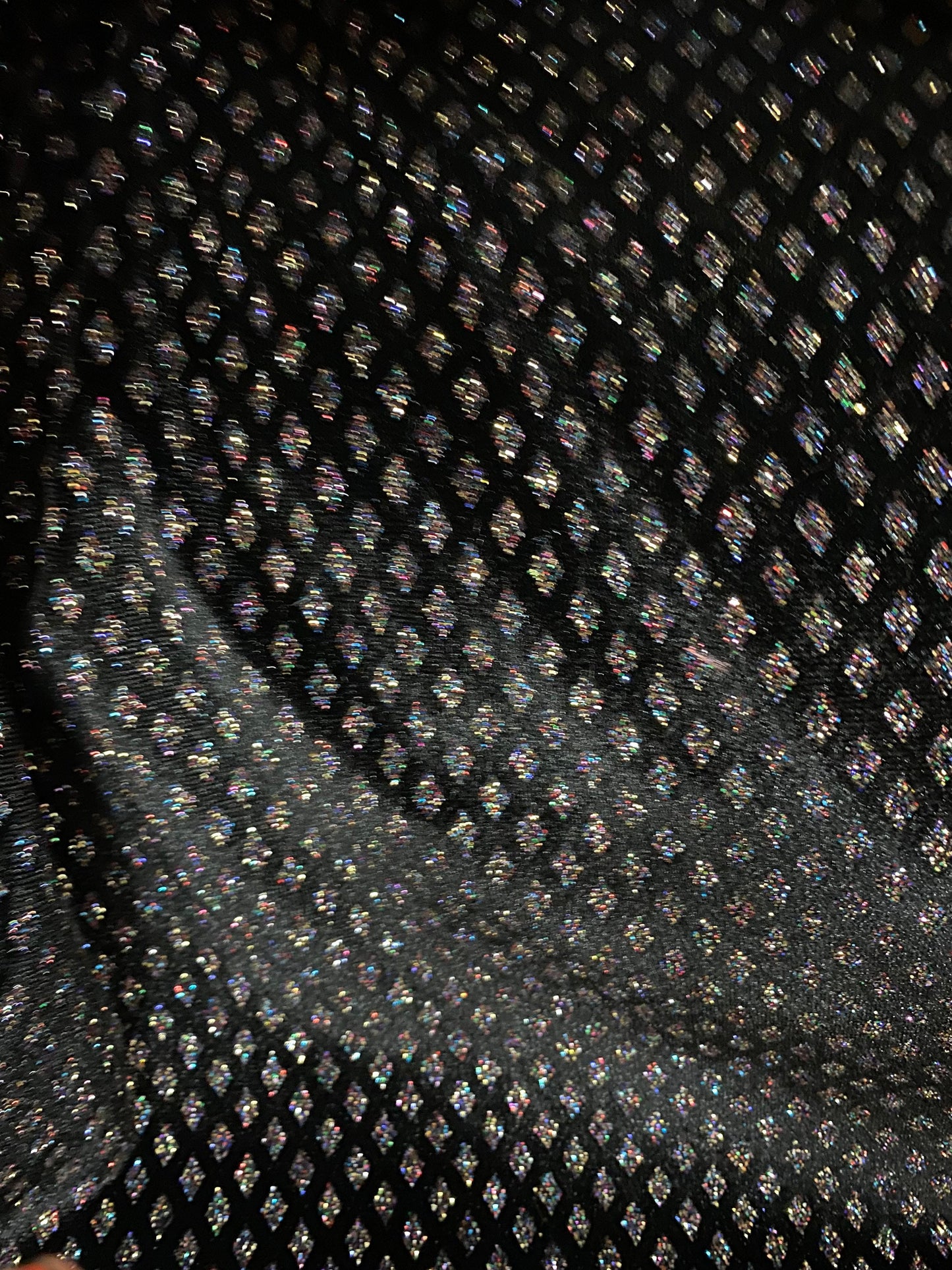 New Diamond design glitter stretch velvet black/multicolor 4-way stretch 58/60” Sold by the YD. Ships worldwide from Los Angeles California
