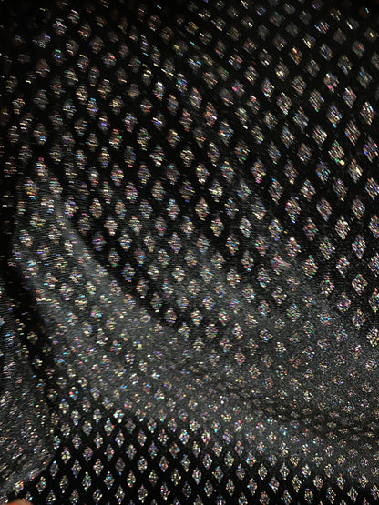 New Diamond design glitter stretch velvet black/multicolor 4-way stretch 58/60” Sold by the YD. Ships worldwide from Los Angeles California