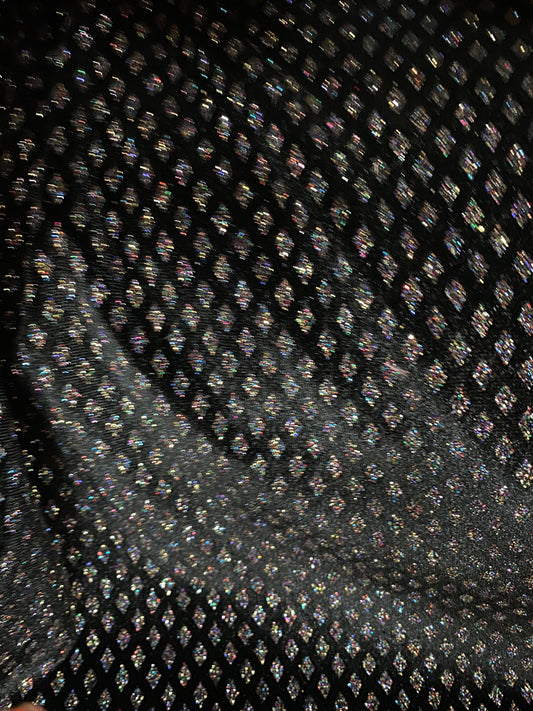 New Diamond design glitter stretch velvet black/multicolor 4-way stretch 58/60” Sold by the YD. Ships worldwide from Los Angeles California