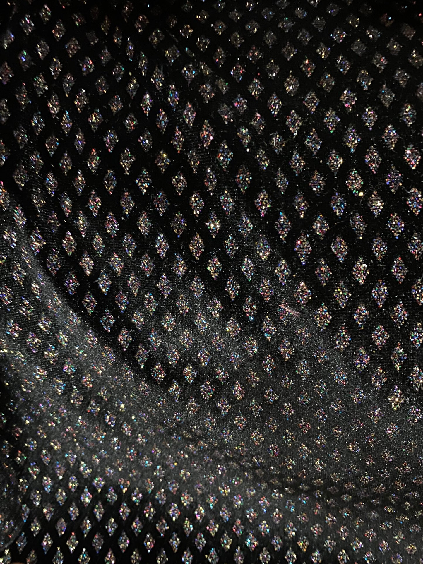 New Diamond design glitter stretch velvet black/multicolor 4-way stretch 58/60” Sold by the YD. Ships worldwide from Los Angeles California
