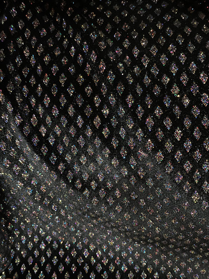 New Diamond design glitter stretch velvet black/multicolor 4-way stretch 58/60” Sold by the YD. Ships worldwide from Los Angeles California