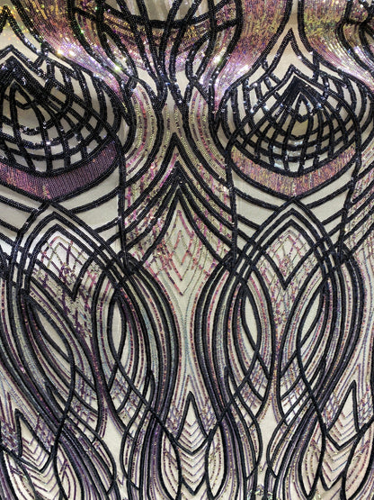New Modern Beyonce design power mesh with Iridescent sequins 2-way stretch 55/57” Sold by the YD. Ships worldwide from Los Angeles CA USA.