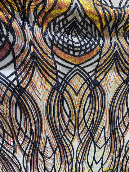 New Modern Beyonce design power mesh with Iridescent sequins 2-way stretch 55/57” Sold by the YD. Ships worldwide from Los Angeles CA USA.