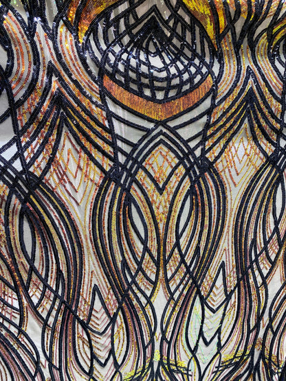 New Modern Beyonce design power mesh with Iridescent sequins 2-way stretch 55/57” Sold by the YD. Ships worldwide from Los Angeles CA USA.