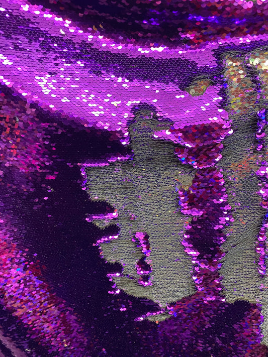 New Reversible flip up sequins purple/silver 5mm seq with Lycra base 58/60” sold by the yd. Ships worldwide from Los Angeles California USA.