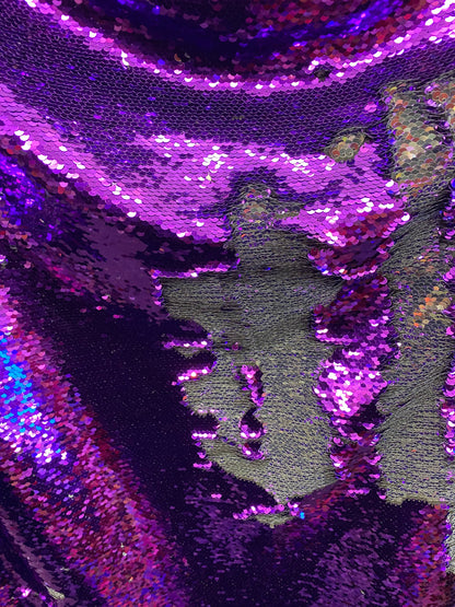 New Reversible flip up sequins purple/silver 5mm seq with Lycra base 58/60” sold by the yd. Ships worldwide from Los Angeles California USA.