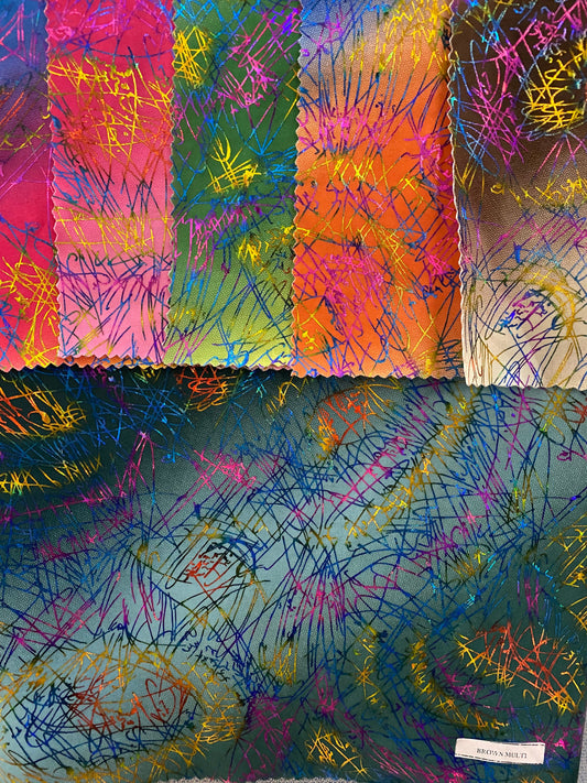 New tie dye Bang bang hologram foil print in nylon spandex 4way stretch 58/60” Sold by the YD. Ships worldwide from Los Angeles CA.