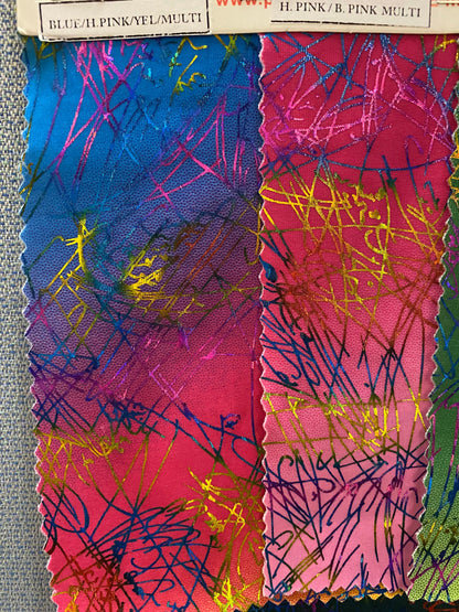 New tie dye Bang bang hologram foil print in nylon spandex 4way stretch 58/60” Sold by the YD. Ships worldwide from Los Angeles CA.