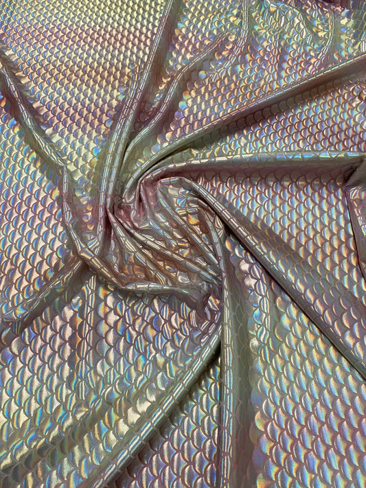 New Rainbow mermaid design Blush/silver iridescent metallic nylon spandex 4-way stretch 58/60” Sold by the YD. Ships worldwide from L.A CA.