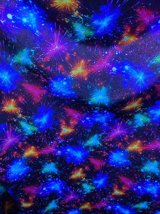 New fireworks design multicolor print on nylon spandex with foggy foil 4-way stretch 58/60” Sold by the YD. Ships worldwide from L.A CA USA.