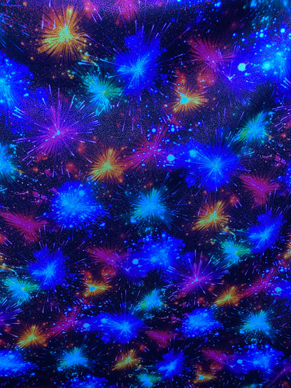 New fireworks design multicolor print on nylon spandex with foggy foil 4-way stretch 58/60” Sold by the YD. Ships worldwide from L.A CA USA.