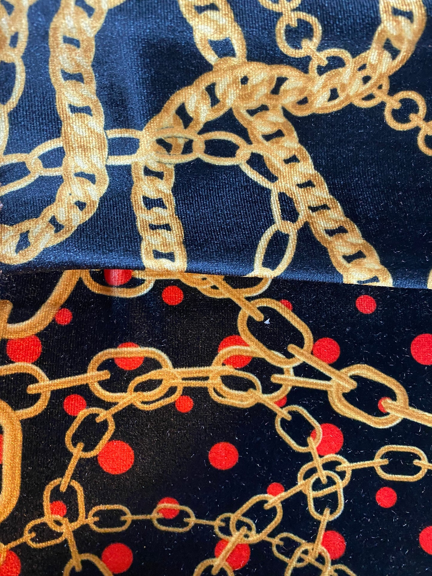 Gold chain and red dots & Gold chain bracelet design print on luxury stretch velvet 4-way 58/60” Sold by the YD. Ships worldwide from LA CA.