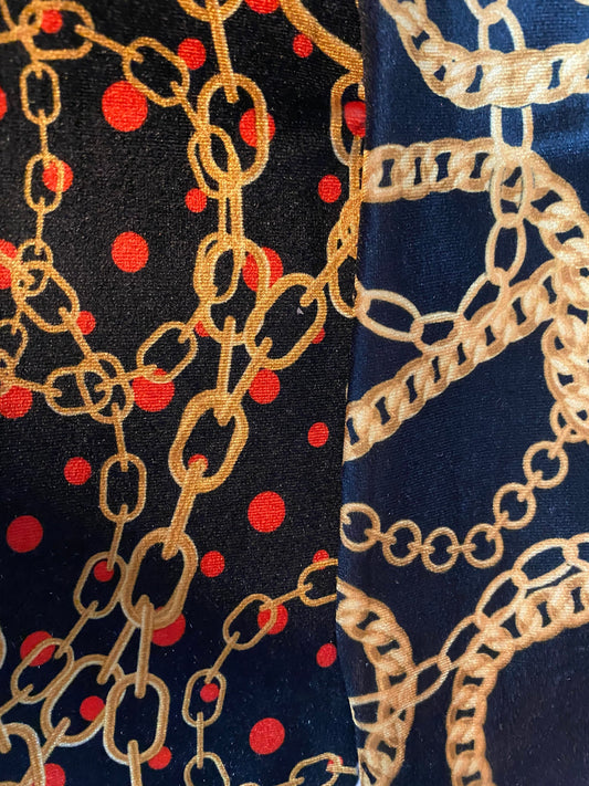 Gold chain and red dots & Gold chain bracelet design print on luxury stretch velvet 4-way 58/60” Sold by the YD. Ships worldwide from LA CA.