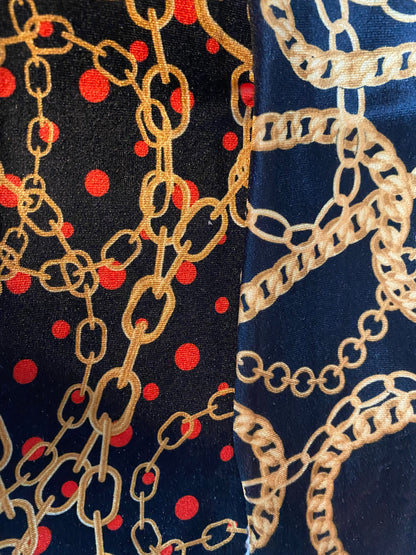 Gold chain and red dots & Gold chain bracelet design print on luxury stretch velvet 4-way 58/60” Sold by the YD. Ships worldwide from LA CA.