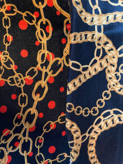 Gold chain and red dots & Gold chain bracelet design print on luxury stretch velvet 4-way 58/60” Sold by the YD. Ships worldwide from LA CA.