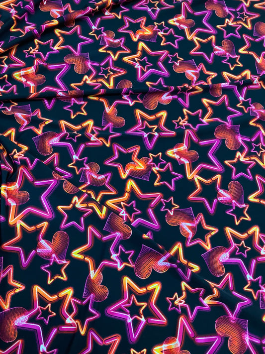 New 3D stars design black multicolor print on nylon spandex 4-way Stretch 58/60” Sold by the YD. Ships worldwide from Los Angeles California