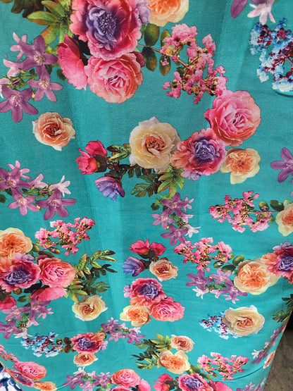 New flower design poly spandex 2-way stretch 58/60” Sold by the YD. Ships worldwide from Los Angeles California USA.