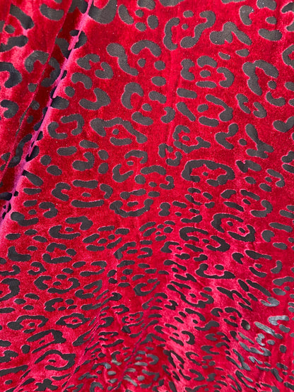 New burnout velvet leopard design black/DK red 4-way stretch 58/60” Sold by the YD. Ships worldwide from Los Angeles California USA.
