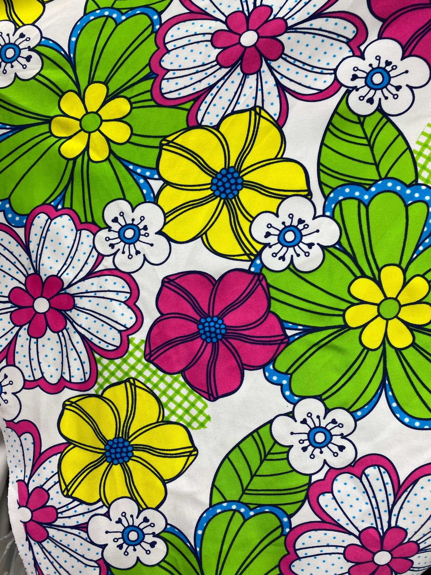 New Spring flower design white/multicolor print nylon spandex 4/way stretch 58/60” Sold by the YD. Ships worldwide from Los Angeles CA USA.
