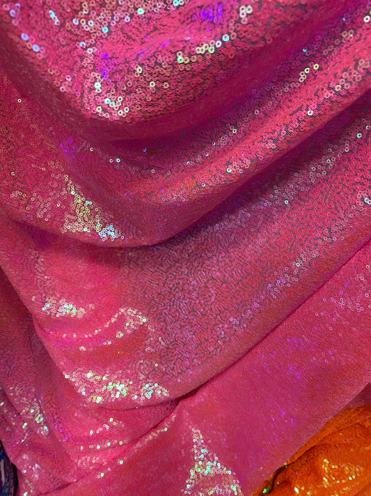 New neon colors mini glitzy sequins on stretch mesh 55/57” 2-way Sold by the YD. Ships worldwide from Los Angeles California USA.