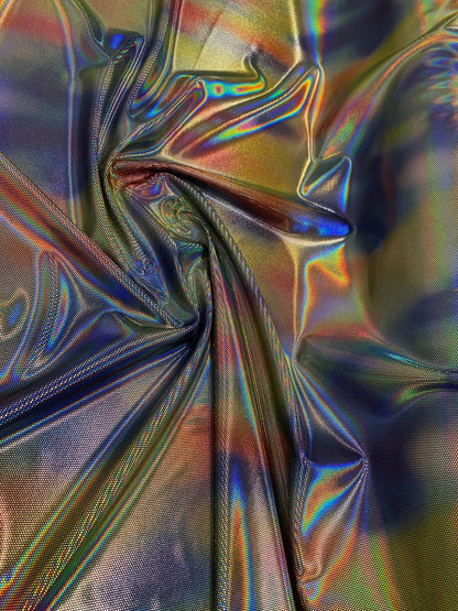 Luxury Spectrum iridescent hologram metallic foil on stretch velvet 58/60” 4-way stretch 58/60” Sold by the YD. Ships worldwide from L.A CA.