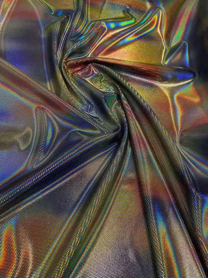 Luxury Spectrum iridescent hologram metallic foil on stretch velvet 58/60” 4-way stretch 58/60” Sold by the YD. Ships worldwide from L.A CA.