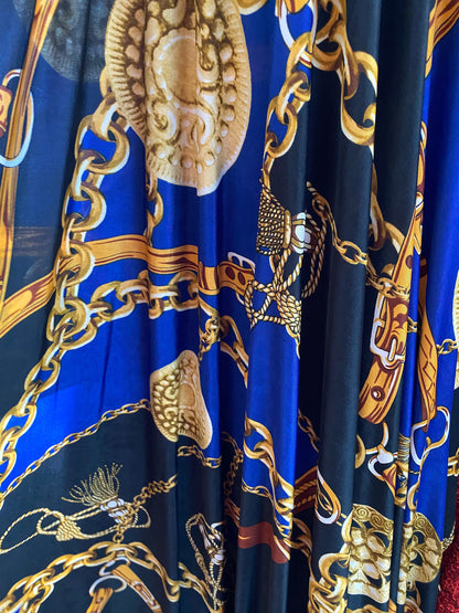 New luxury sapphire gold chain modern design print on poly spandex medium weight 4-way stretch 58/60” Sold by the YD. Ships worldwide