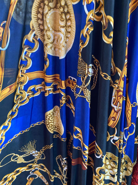New luxury sapphire gold chain modern design print on poly spandex medium weight 4-way stretch 58/60” Sold by the YD. Ships worldwide