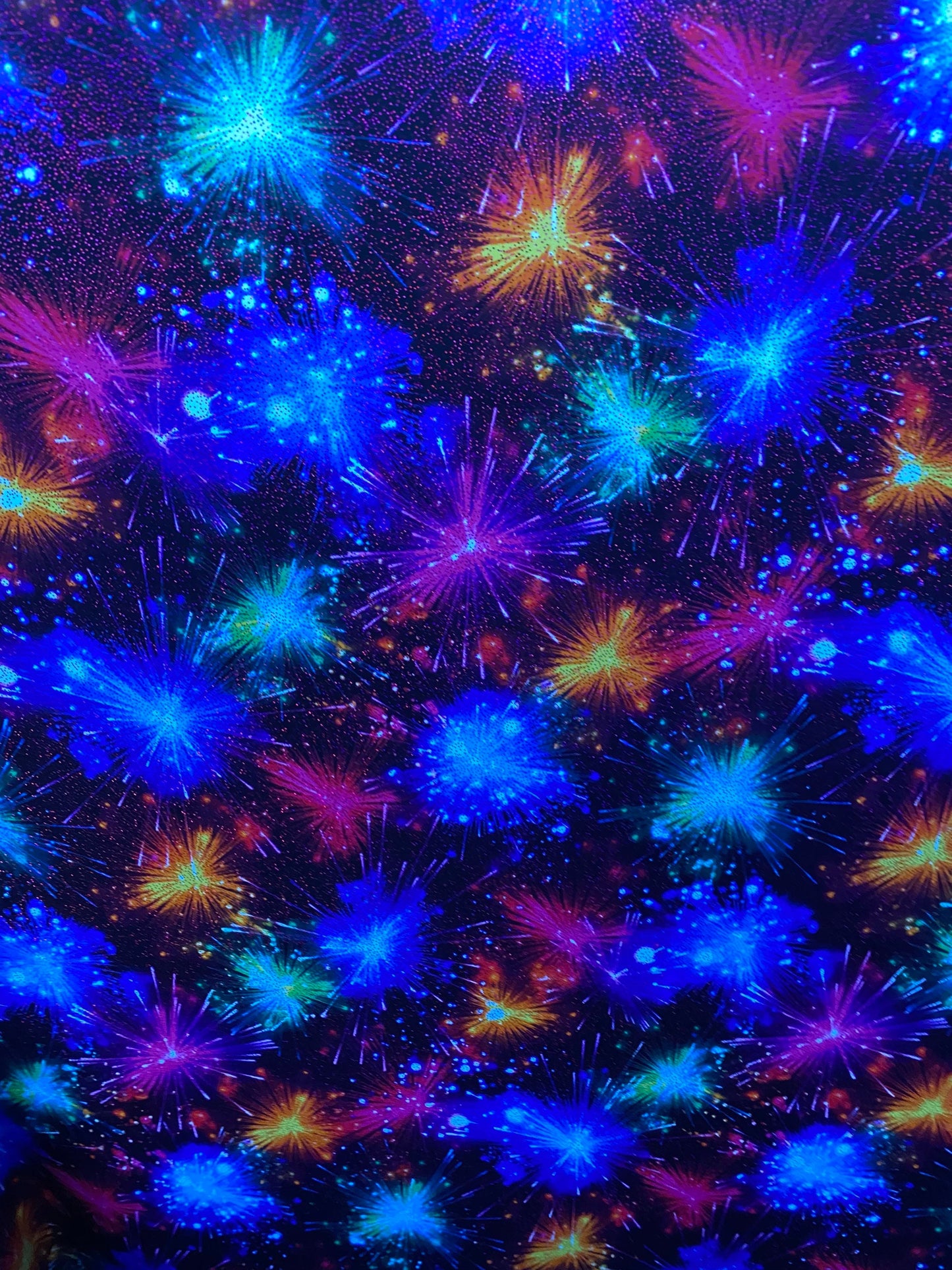 New fireworks design multicolor print on nylon spandex with foggy foil 4-way stretch 58/60” Sold by the YD. Ships worldwide from L.A CA USA.