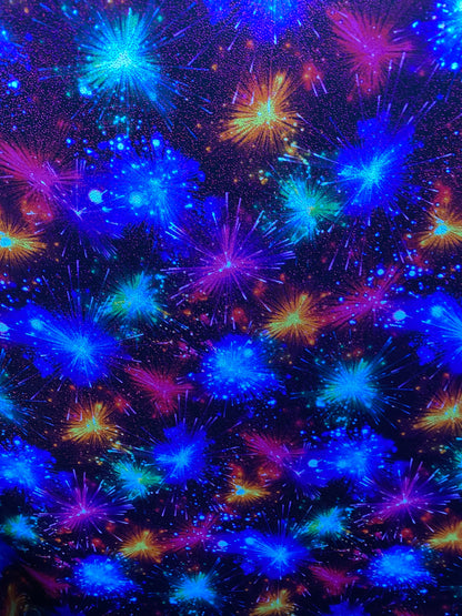 New fireworks design multicolor print on nylon spandex with foggy foil 4-way stretch 58/60” Sold by the YD. Ships worldwide from L.A CA USA.