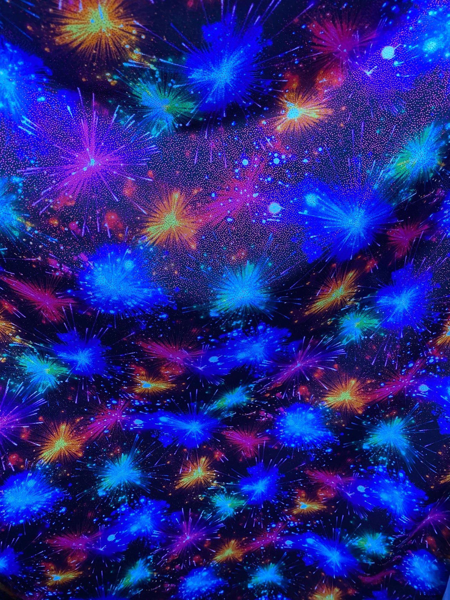 New fireworks design multicolor print on nylon spandex with foggy foil 4-way stretch 58/60” Sold by the YD. Ships worldwide from L.A CA USA.
