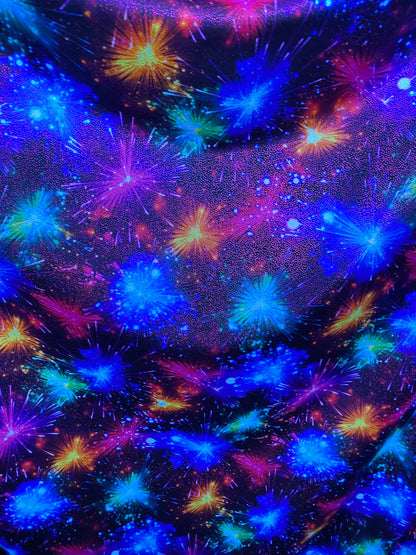 New fireworks design multicolor print on nylon spandex with foggy foil 4-way stretch 58/60” Sold by the YD. Ships worldwide from L.A CA USA.