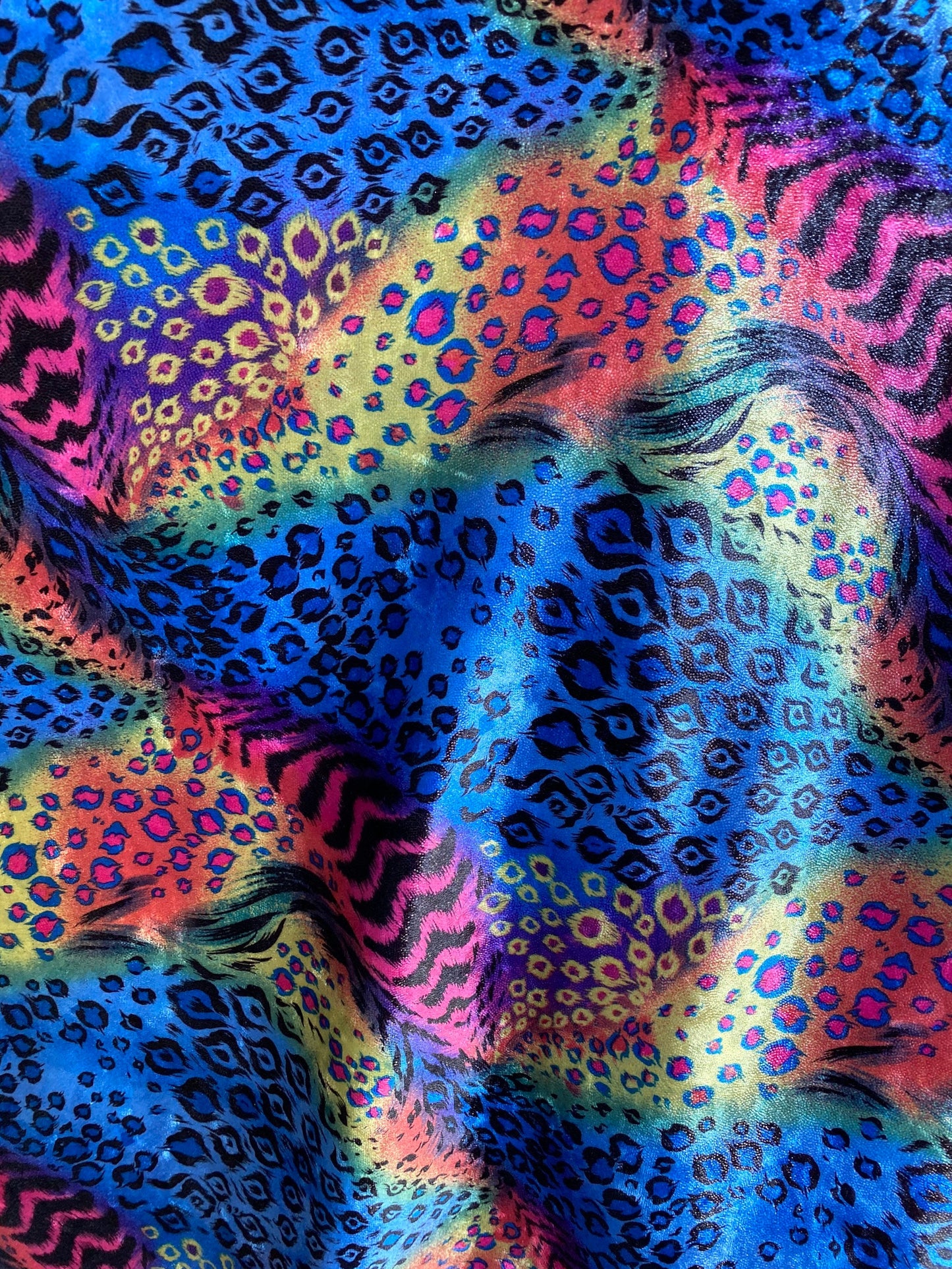 New Exotic multi animal print design multicolor print on stretch velvet 4way 58/60” Sold by the YD. Ships worldwide from Los Angeles CA USA.