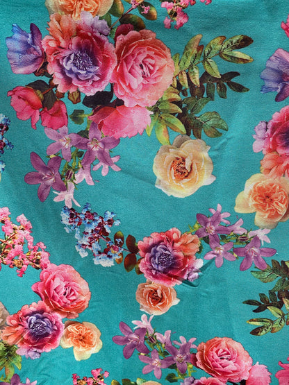 New flower design poly spandex 2-way stretch 58/60” Sold by the YD. Ships worldwide from Los Angeles California USA.