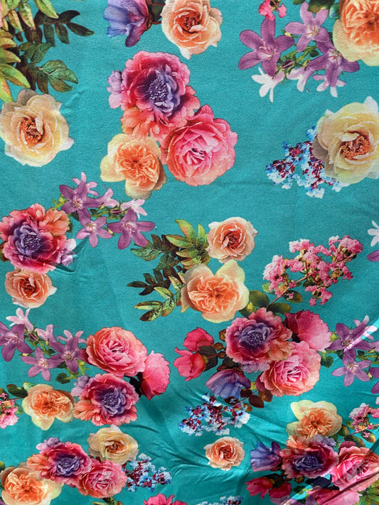 New flower design poly spandex 2-way stretch 58/60” Sold by the YD. Ships worldwide from Los Angeles California USA.