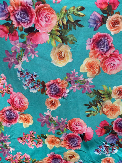 New flower design poly spandex 2-way stretch 58/60” Sold by the YD. Ships worldwide from Los Angeles California USA.