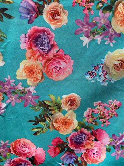 New flower design poly spandex 2-way stretch 58/60” Sold by the YD. Ships worldwide from Los Angeles California USA.