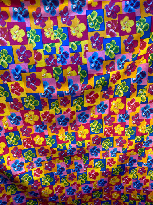 New small flower design multicolor print one shining spandex 4-way stretch 58/60” Sold by the YD. Ships worldwide from Los Angeles CA.