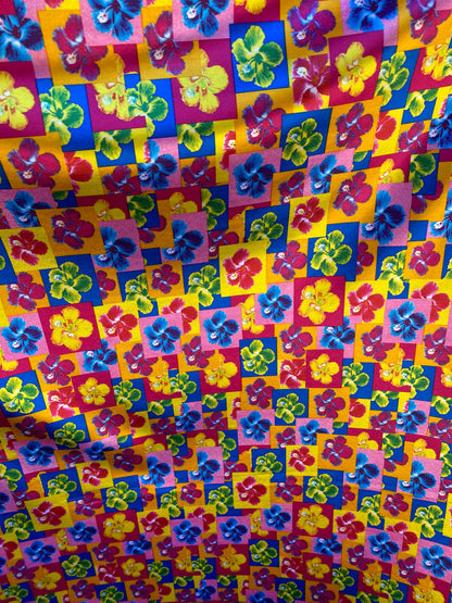 New small flower design multicolor print one shining spandex 4-way stretch 58/60” Sold by the YD. Ships worldwide from Los Angeles CA.