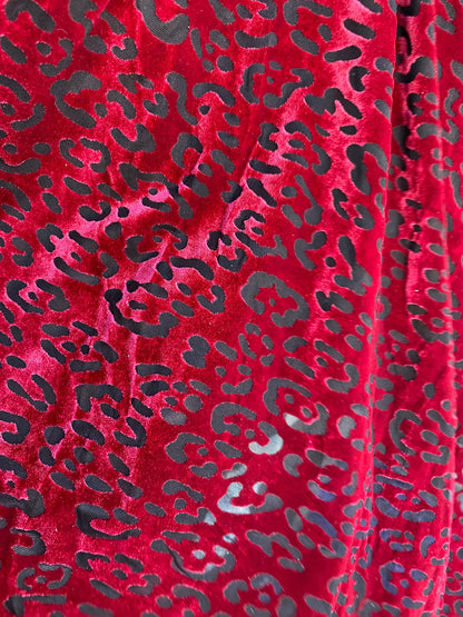 New burnout velvet leopard design black/DK red 4-way stretch 58/60” Sold by the YD. Ships worldwide from Los Angeles California USA.
