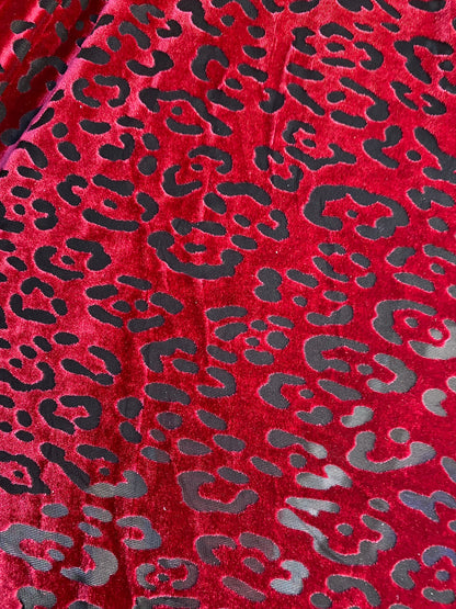 New burnout velvet leopard design black/DK red 4-way stretch 58/60” Sold by the YD. Ships worldwide from Los Angeles California USA.