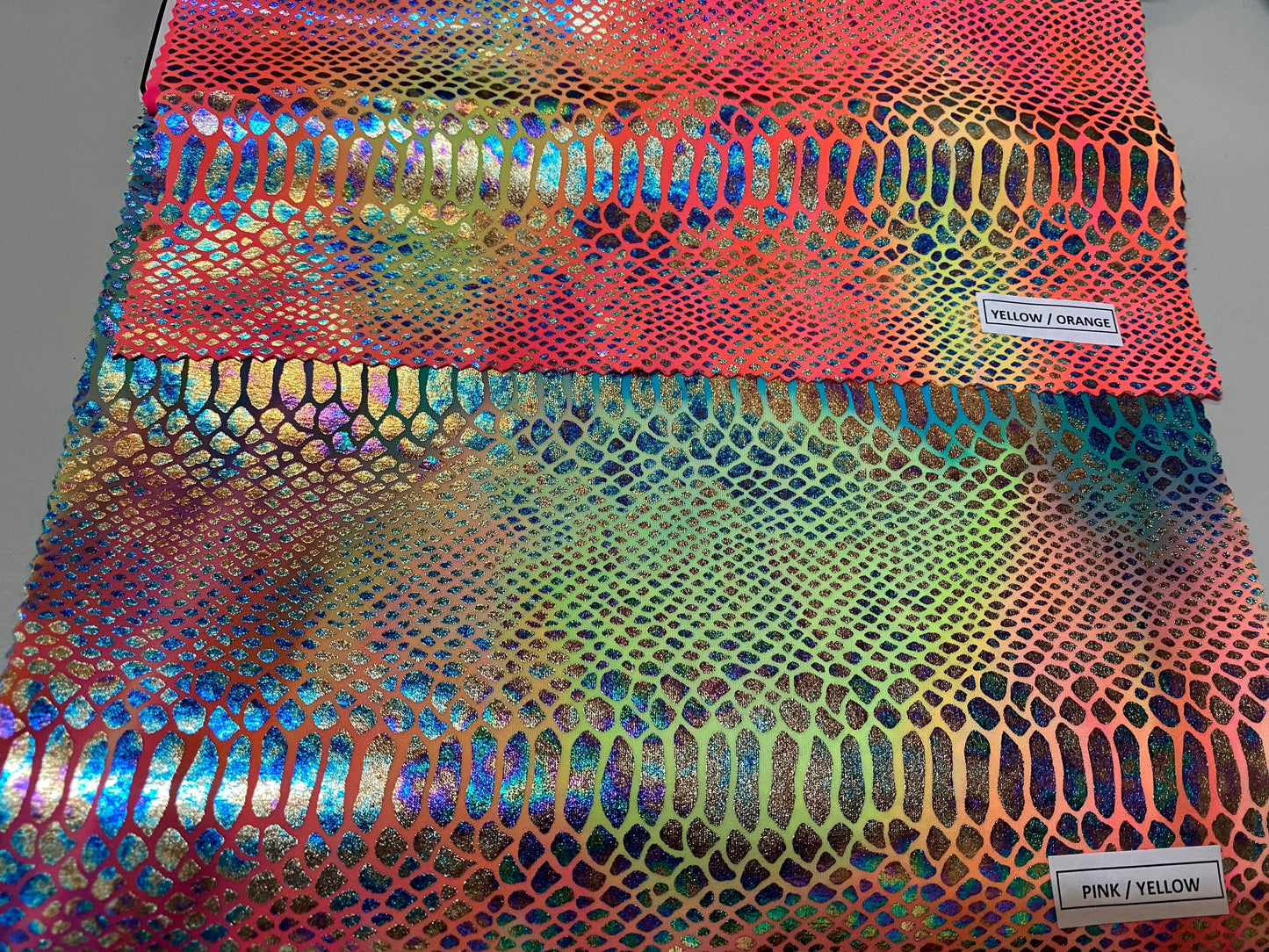 Amazon snake print design tie dye hologram nylon spandex 4-way Stretch 58/60” Sold by the YD. Ships worldwide from Los Angeles California US