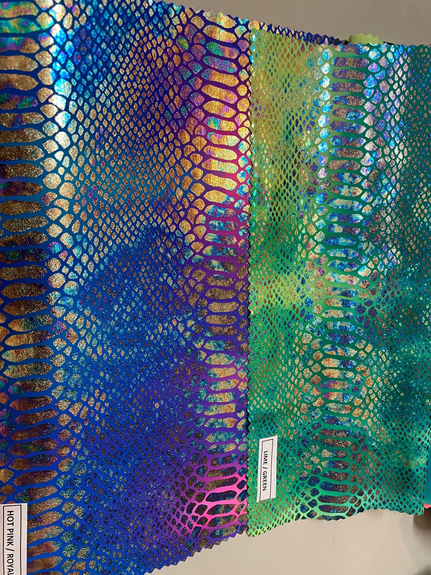 Amazon snake print design tie dye hologram nylon spandex 4-way Stretch 58/60” Sold by the YD. Ships worldwide from Los Angeles California US