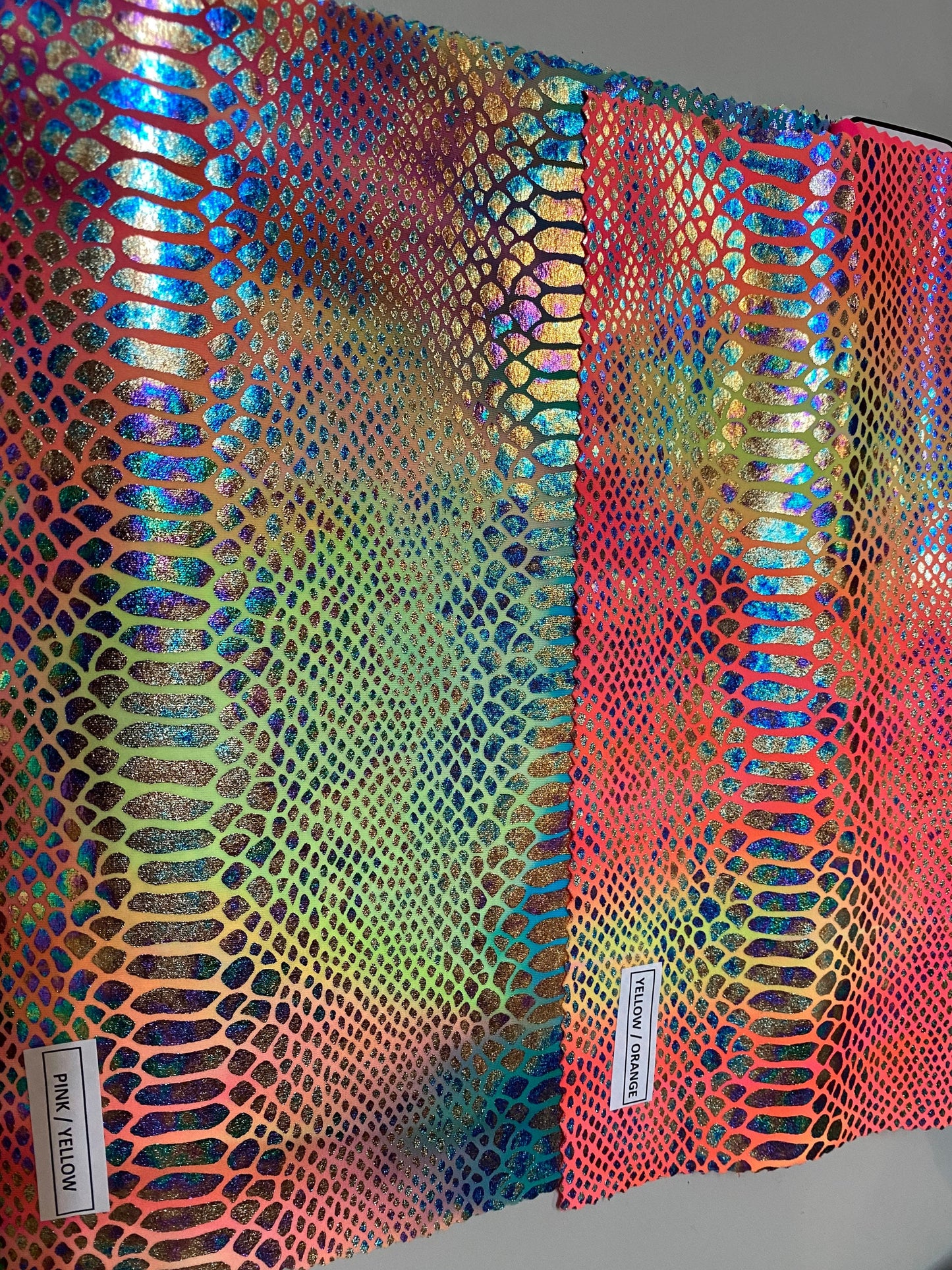 Amazon snake print design tie dye hologram nylon spandex 4-way Stretch 58/60” Sold by the YD. Ships worldwide from Los Angeles California US
