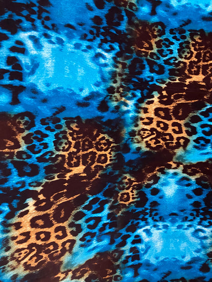 New exotic leopard design teal/brown print on poly spandex medium weight 4-way stretch 58/60” Sold by the YD. Ships worldwide from L.A CA.