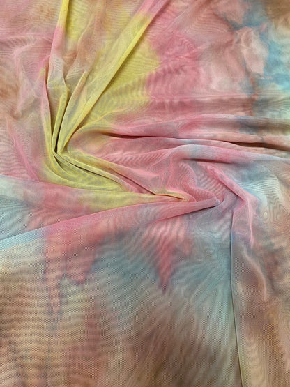 New tie dye power mesh nude pastel colors 4-way stretch 58/60” Sold by the YD. Ships worldwide from Los Angeles California USA.