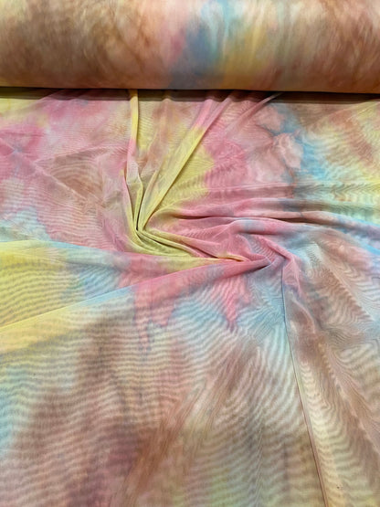 New tie dye power mesh nude pastel colors 4-way stretch 58/60” Sold by the YD. Ships worldwide from Los Angeles California USA.