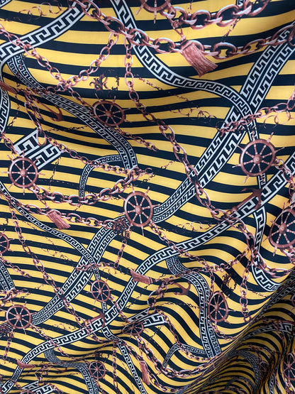 New modern chain and stripes design print on poly techno spandex 2-way 58/60” Sold by the YD. Ships worldwide from Los Angeles California US